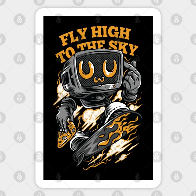 Robot Skate Fly High Illustration Magnet by Mako Design 